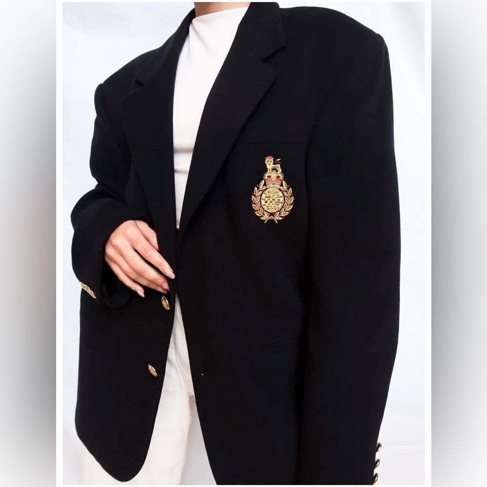 Ralph Lauren Vintage 90’s Black Gold Crest Logo Wool Blazer Varsity Jacket 20W